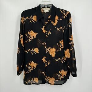 Vintage Jean Claire Womens Button Up Top Size 14 Dark Floral Sheer Cottagecore